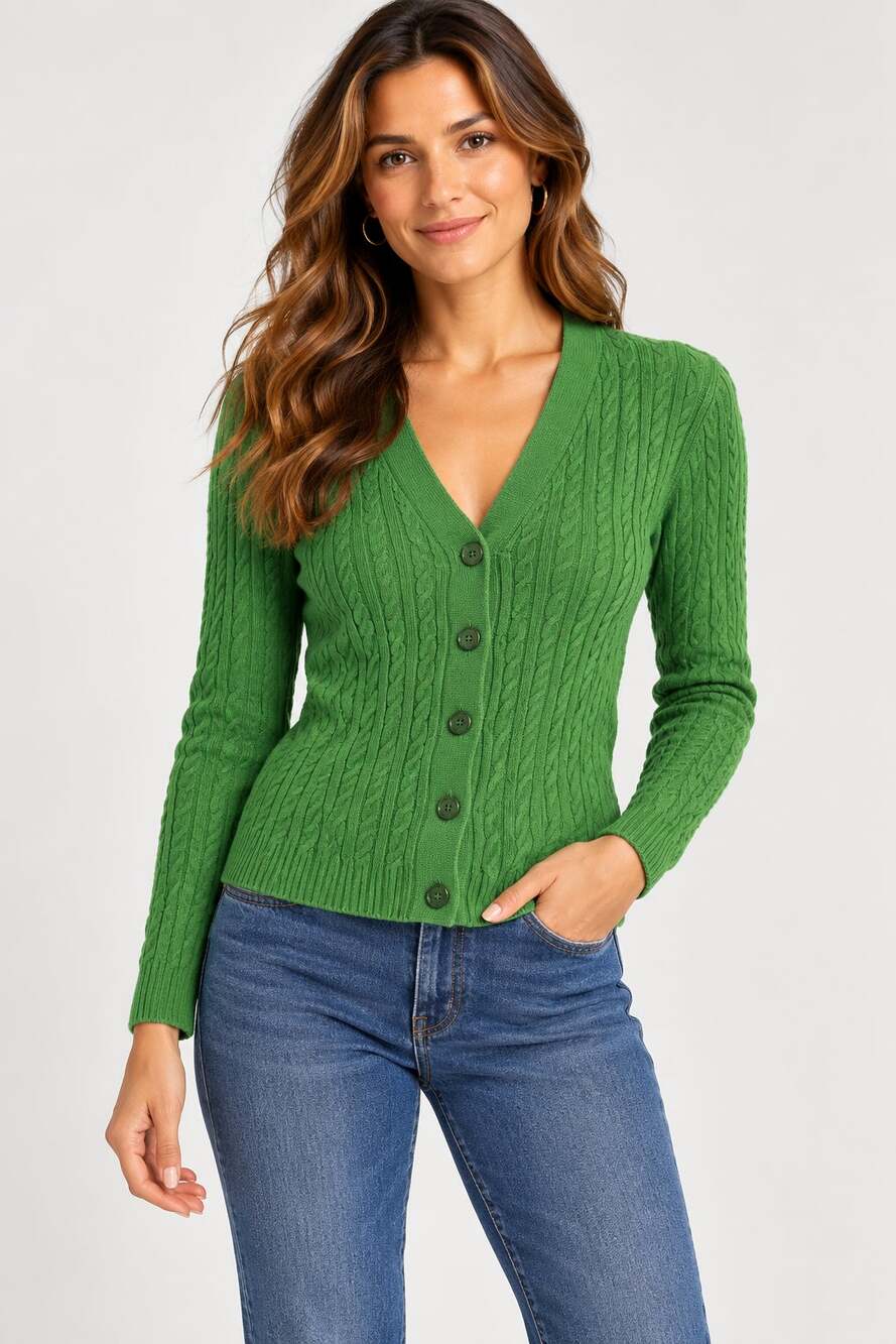 Talbots Womens M Petite Green Cable Knit Button Up Lightweight Cardigan Sweater